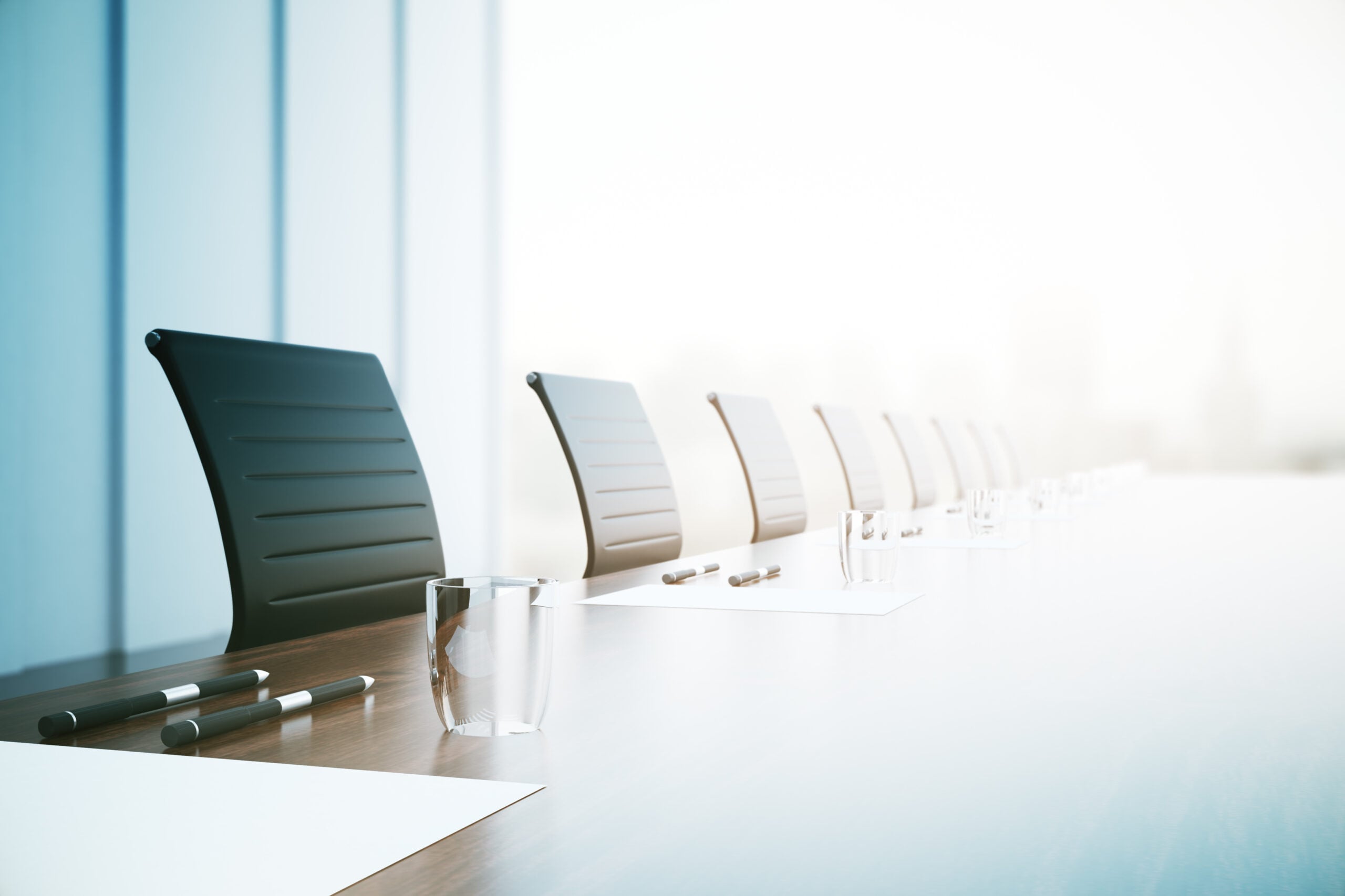 Close of up table with equipment in conference room. 3D Rendering
