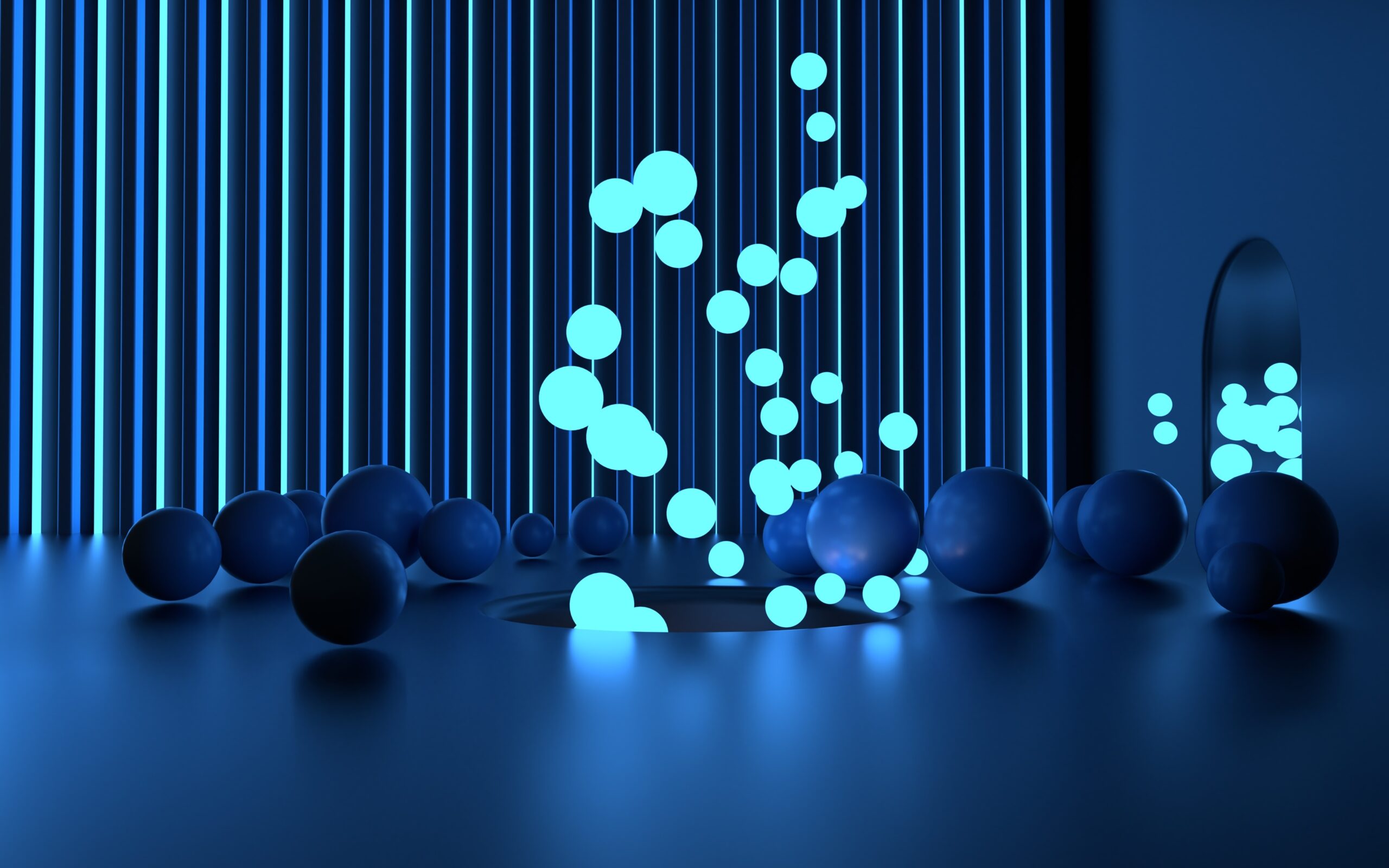 Abstract 3d dark round podium with glowing lines and blue spheres background for product display.