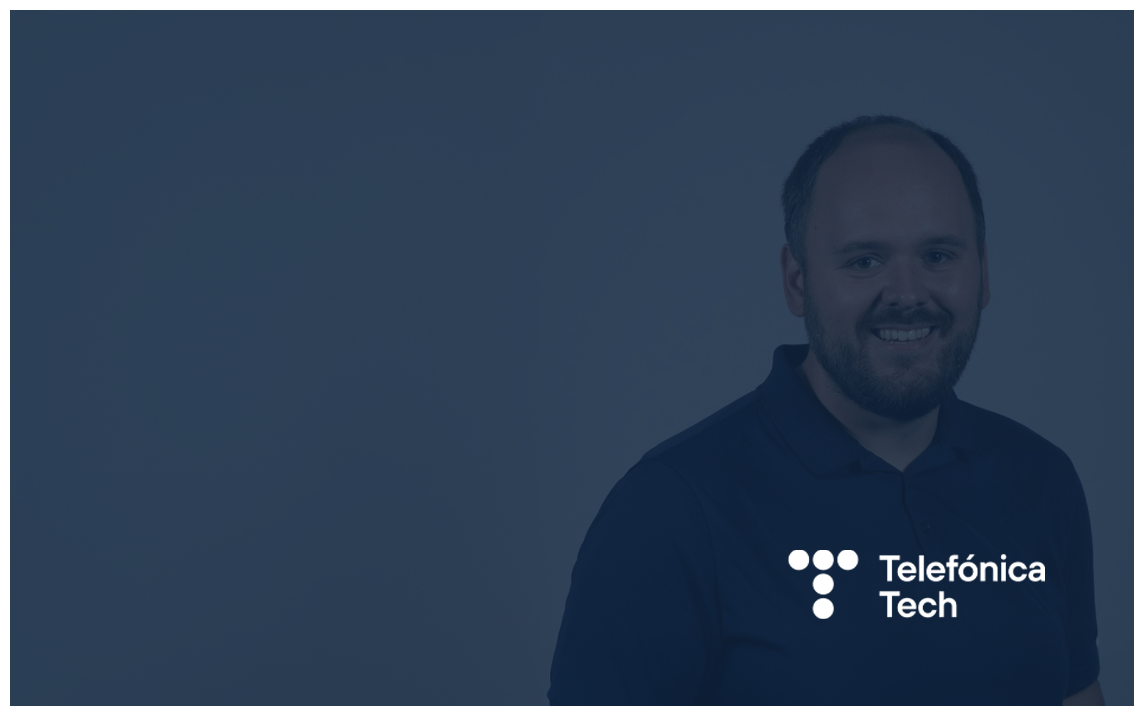 Professional portrait of a Telefónica Tech employee standing against a blue gradient background. The individual is smiling and wearing a dark Telefónica Tech-branded quarter-zip top. The composition positions the subject to one side with clear negative space for event titles, speaker information, or campaign messaging, making it suitable for webinar and thought leadership content.