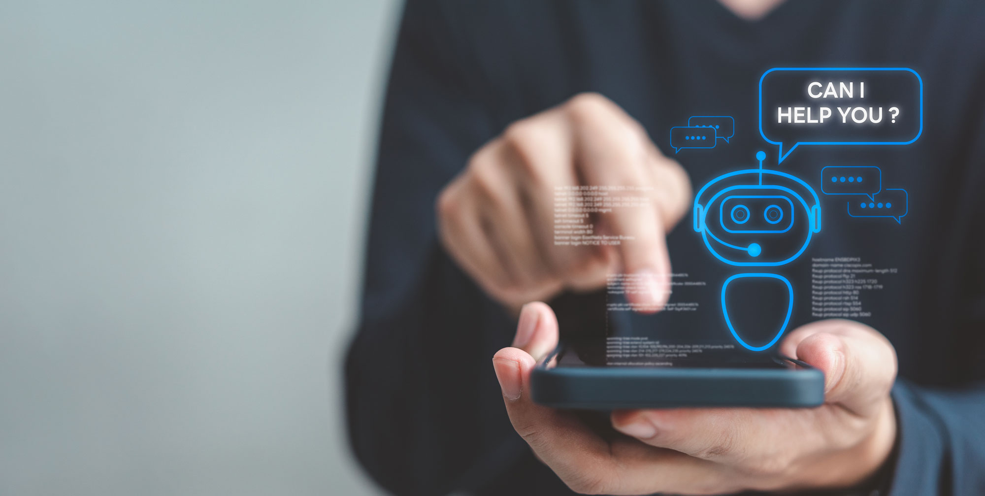 Man pressing on phone with robot saying data and ai solutions.