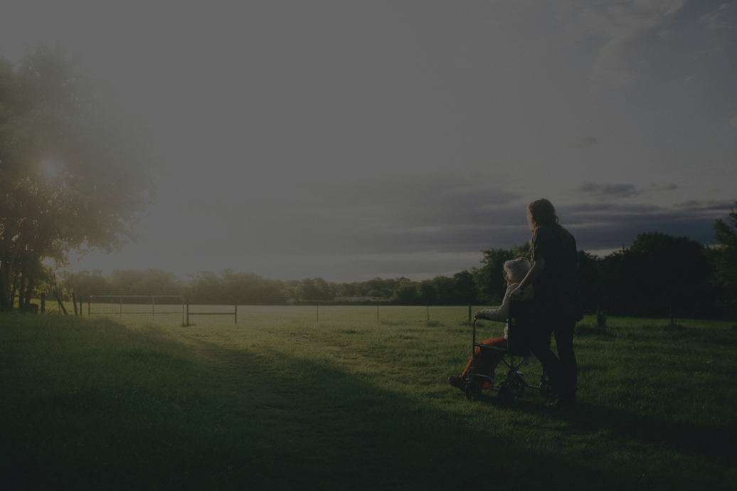 Person assisting an elderly wheelchair user outdoors in a grassy field at sunset.