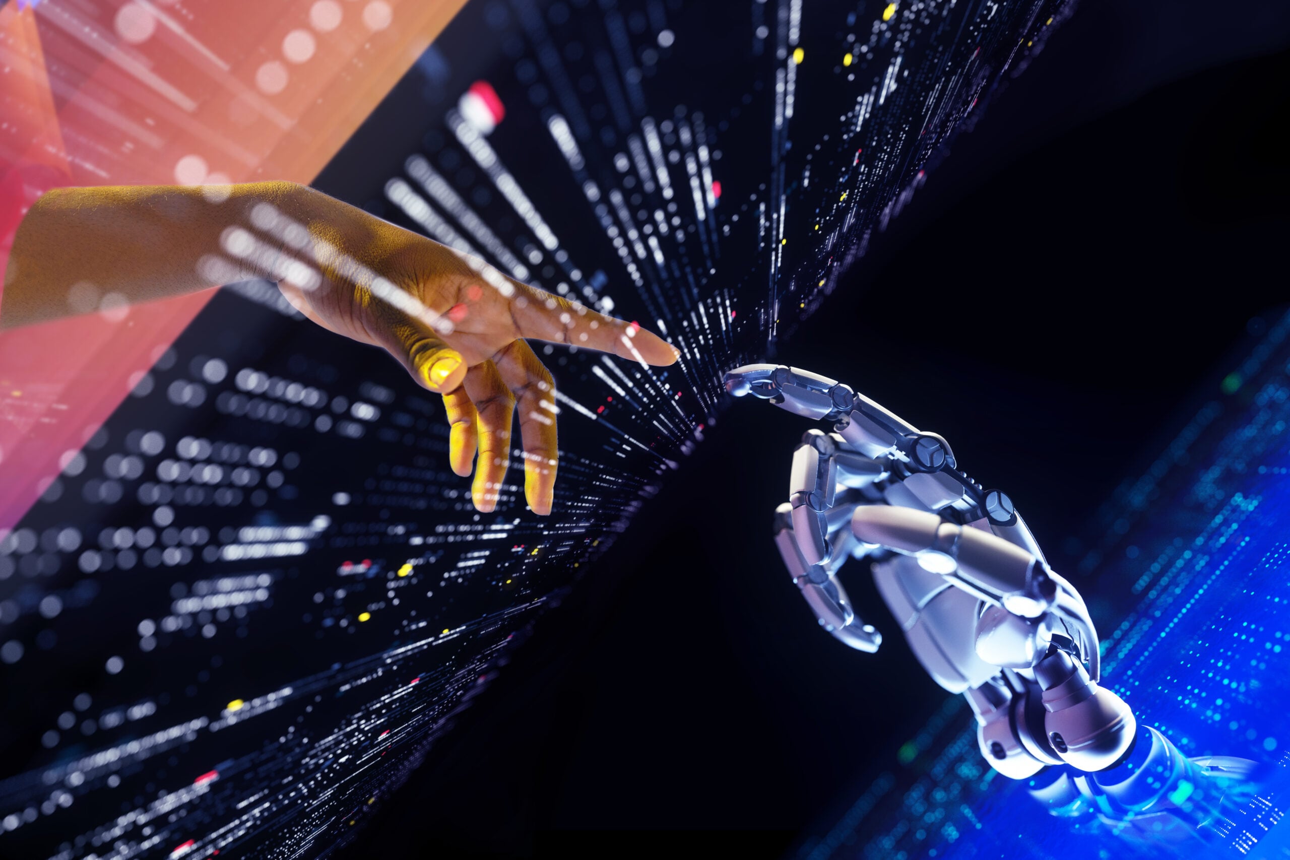A human hand and a robotic hand reaching towards each other, fingertips almost touching, against a futuristic digital background with glowing lines and data patterns.
