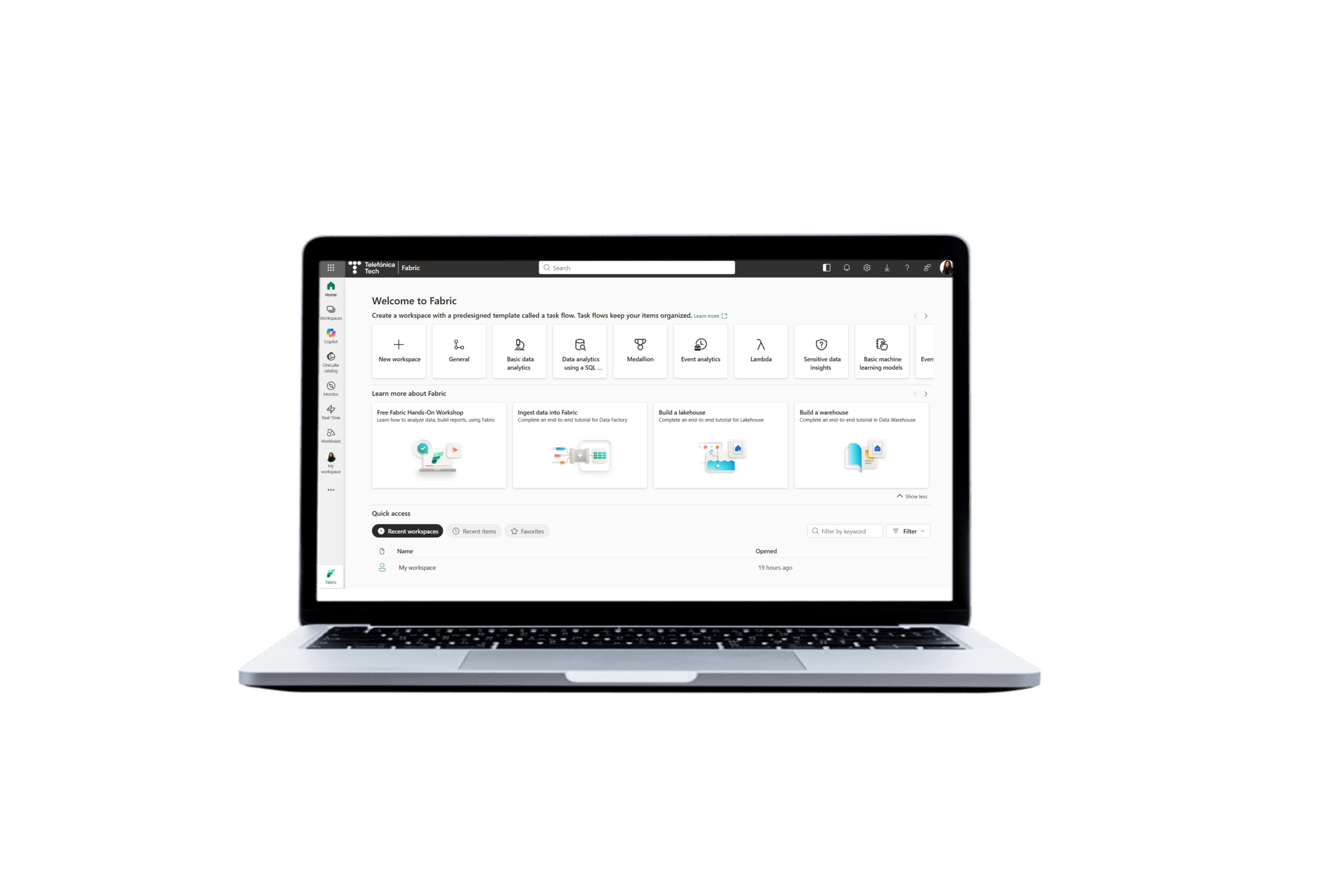 Microsoft Fabric platform interface showing OneLake and unified analytics dashboard