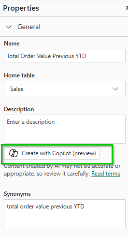 This image shows the properties pane, highlighting where Copilot can be utilised to input measure descriptions.