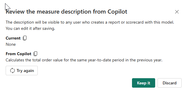 This image shows a screenshot of the Copilot preview of a measure description.