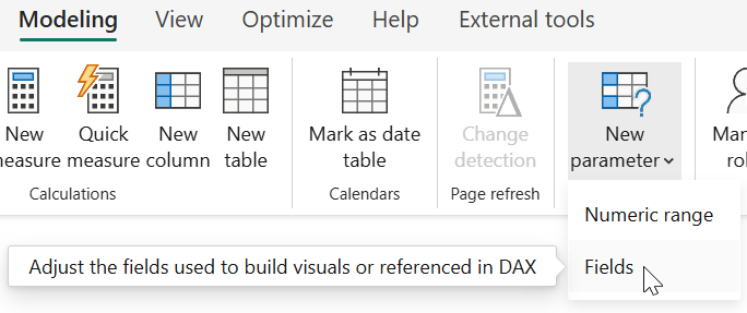 The example shows where to create a new field parameter.