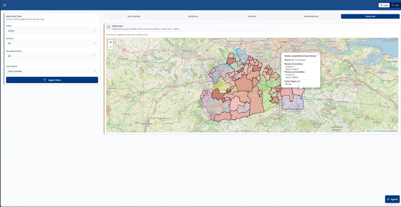 Predictive policing geospatial map showing crime hotspots and neighbourhood trends using AI and location intelligence.
