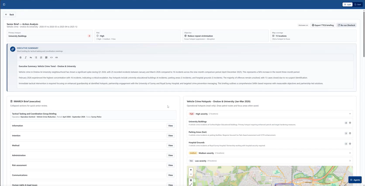 AI powered predictive policing dashboard showing crime trend analysis, operational recommendations and resource allocation for UK police forces.