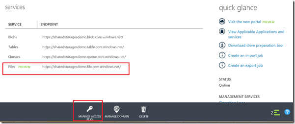 File Service storage account dashboard 