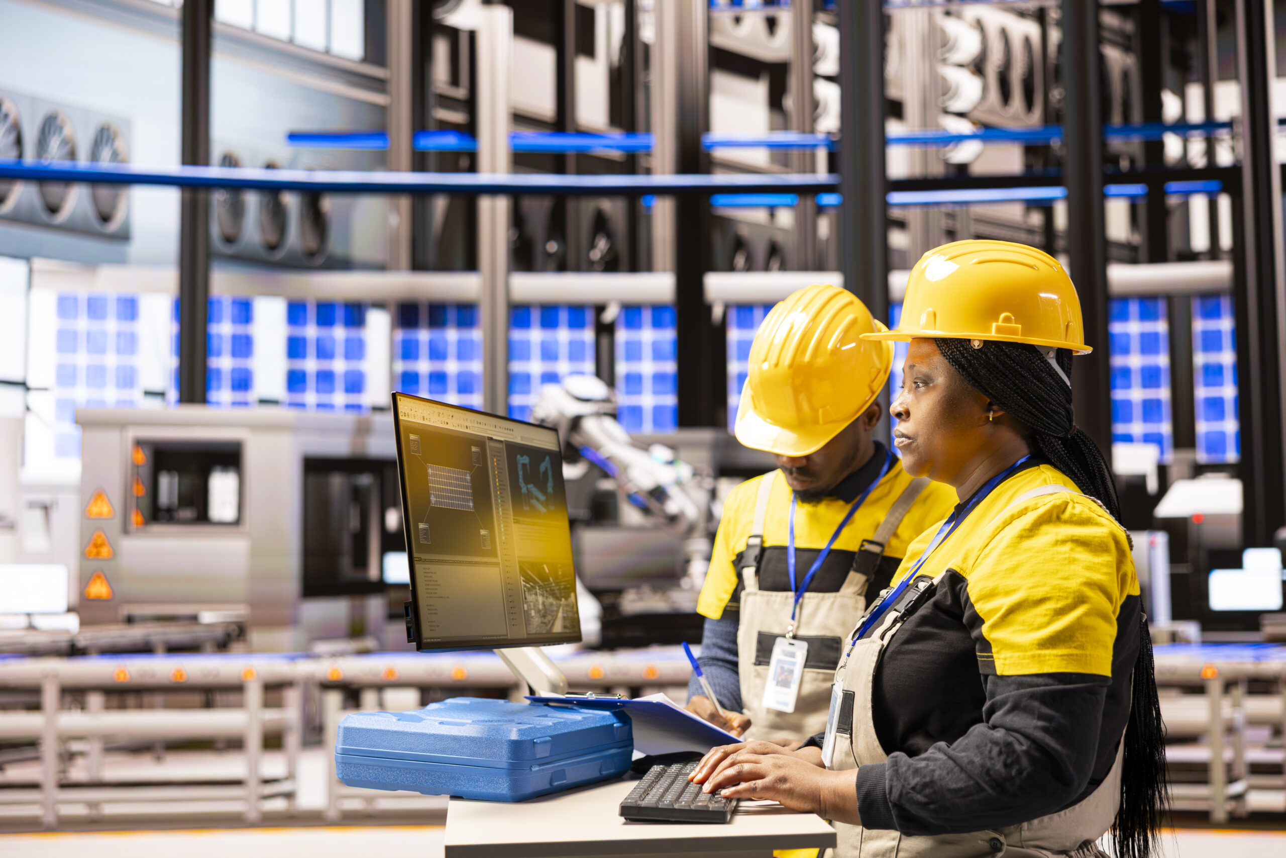 Industry 4.0 experts operating digital control panel, optimizing automation line and ensuring robotic arm accuracy. African american technicians upgrading production flow in smart manufacturing plant.