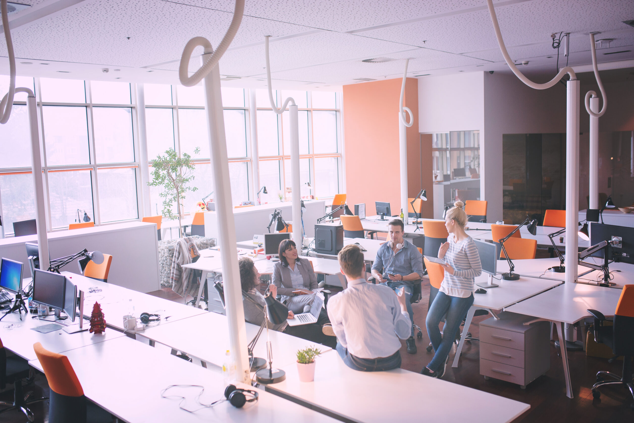 Team collaborating in an open office workspace