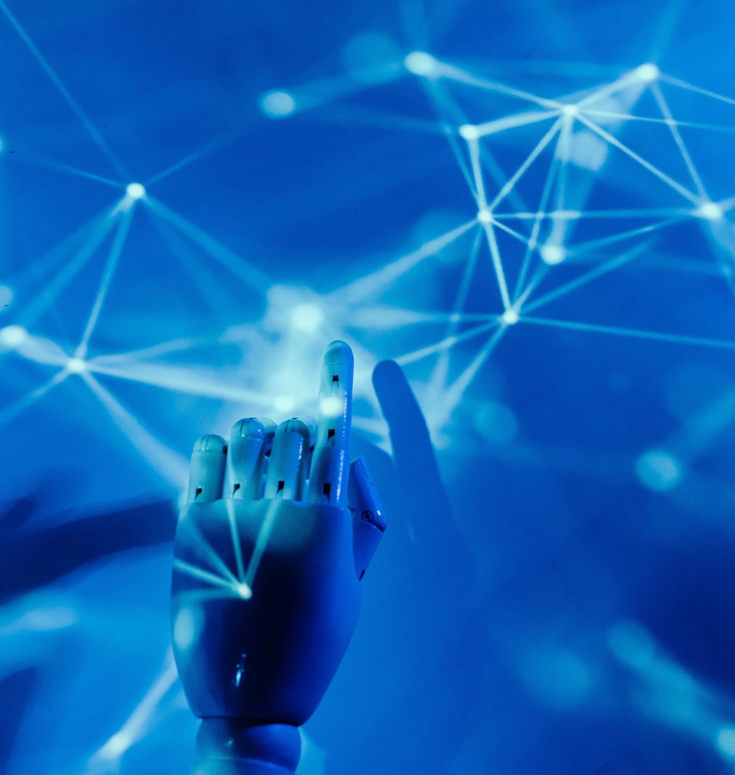 robot hand pointing towards cyber background