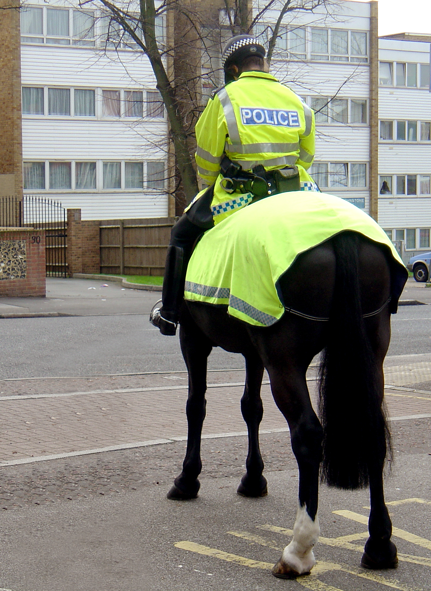 Mounted police officer wearing high-visibility clothing during community patrol linked to Clare’s Law awareness and protection.