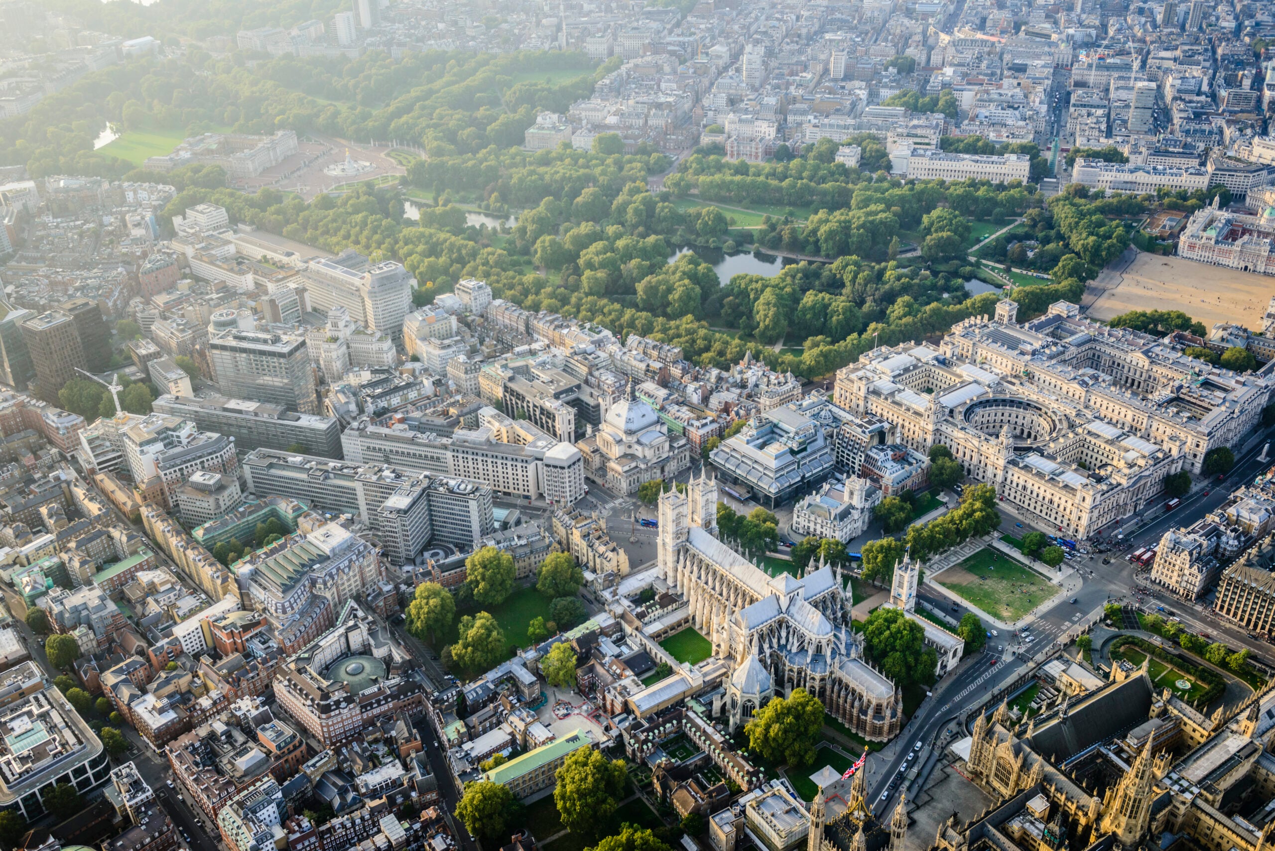 Aerial view across Westminster and central London representing sovereign AI in Britain