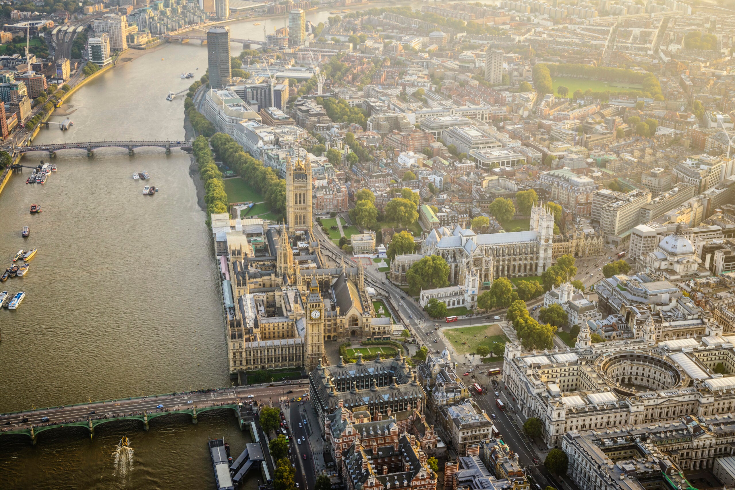 Aerial view of Westminster and the River Thames in London representing UK sovereign AI